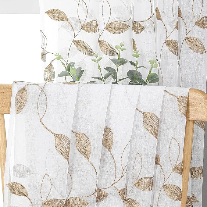 Tollpiz Taupe Leaf Sheer Curtain Leaves Embroidered Living Room Curtains Rod Pocket Voile Window Treatment for Bedroom, 54 x 72 inches Long, Set of 2 Panels