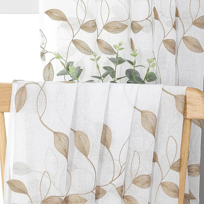 Tollpiz Taupe Leaf Sheer Curtains Leaves Embroidered Living Room Short Curtain Rod Pocket Voile Window Treatments for Bedroom, 54 x 45 inches Long, Set of 2 Panels