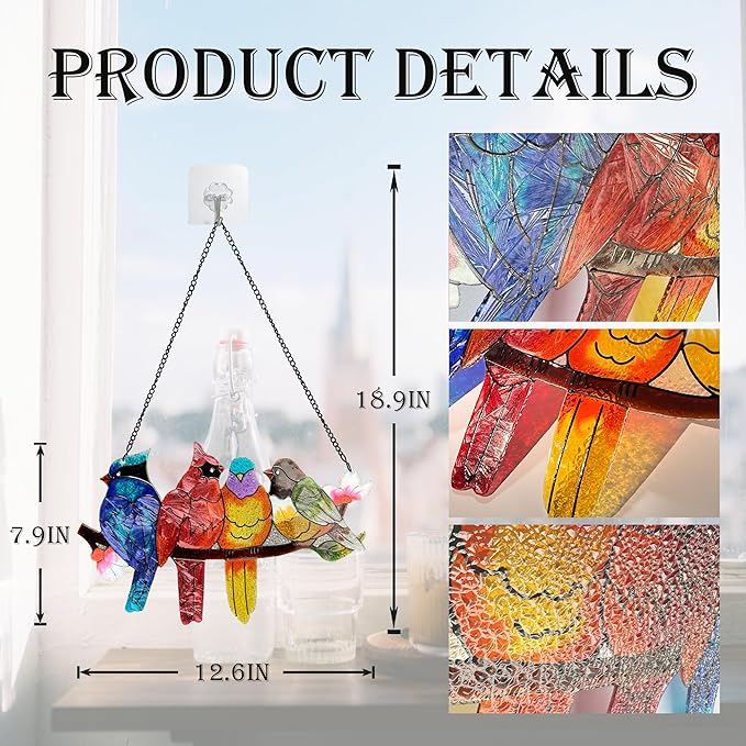 DASTOLL Stained Glass Window Hanging - Large Suncatcher Stained Glass Birds on Branch, Sun Catchers for Indoor Window Doors Room Home Decoration Hummingbird Gifts for Bird Lovers