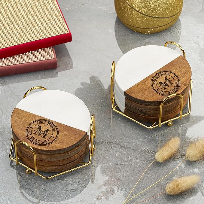AWESOMETIK Custom Personalized Marble and Acacia Wood Coasters for Cups – Engraved Round Bar Coasters with Monogram, Wedding Gift for Couples, Anniversary, Housewarming, or Engagement Home Decor Set