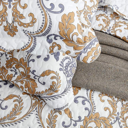 CHIXIN Oversized Queen Bedspread - Luxury Collection - European Damask Paisley Pattern - Classic & Gorgeous Bedding Cover, Lightweight, Ultra Soft, 5 Piece, 100% Microfiber, White/Khaki/Grey