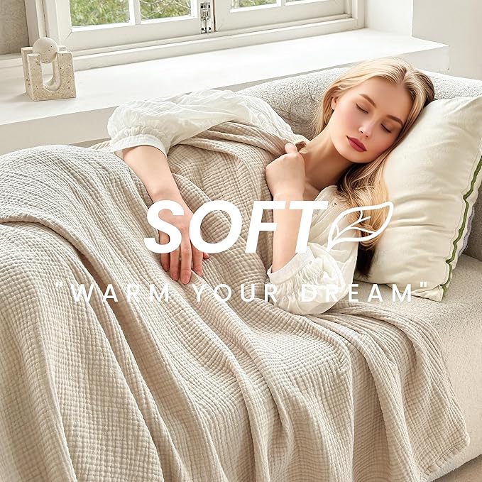 FALUCA Cotton Muslin Reversible Blanket Queen Size for Bed, Couch, Four Layers Blanket, Soft Lightweight Cozy Breathable Farmhouse Decoration for All-Season, Khaki