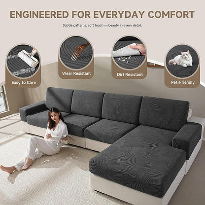 Couch Cushion Covers for Sectional and L Shaped Sofa, Stretch Soft Sofa Covers Washable Wear Resistant Slipcovers Furniture Protector Pet-Friendly (3 Seaters Covers+1 Chaise Cover, Dark Gray)