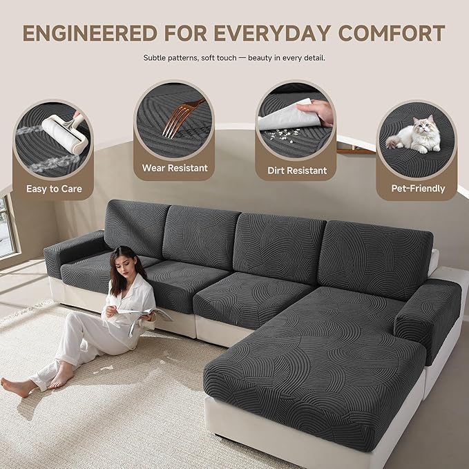 Couch Cushion Covers for Sectional and L Shaped Sofa, Stretch Soft Sofa Covers Washable Wear Resistant Slipcovers Furniture Protector Pet-Friendly (1PC Large Sofa Cover, Dark Gray)
