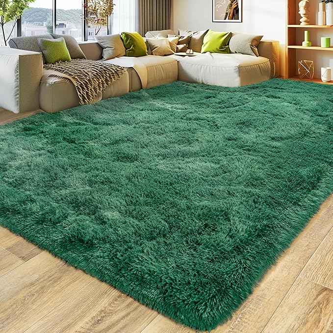 Large 9x12 Area Rugs for Living Room, Ultra Soft Shag Living Room Rug Thick Fluffy Rug for Bedroom, Plush Fuzzy Carpet for Girls Boys Kids Room Non Slip Dorm for Home Decor Aesthetic, Dark Green