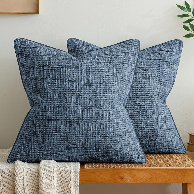 a moment Blue Reversible Pillow Covers 2 Pack - Farmhouse Chenille Throw Pillows, Neutral Textured Decorative Throw Pillow Covers with Border for Couch Sofa Bed (20x20 Inch, No Insert)