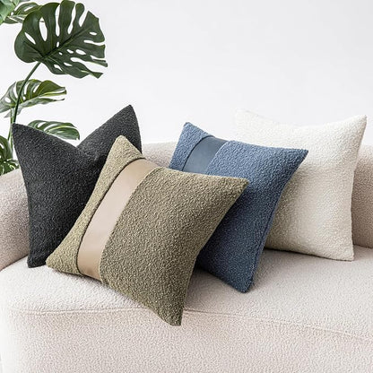 20"x20" Moss Green Boucle Throw Pillow Covers with Faux Leather Accents Set of 2 Fluffy Textured Decorative Pillow Cases for Couch Bed Boho Farmhouse Square Cushion Covers for Nordic Home