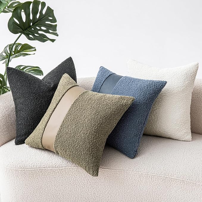 18"x18" Moss Green Boucle Throw Pillow Covers with Faux Leather Accents Set of 2 Fluffy Textured Decorative Pillow Cases for Couch Bed Boho Farmhouse Neutral Cushion Covers for Nordic Home