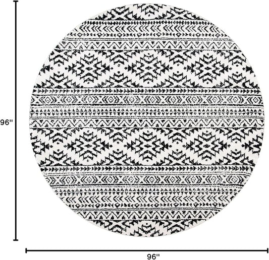 SAFAVIEH Tulum Collection Area Rug - 8' Round, Ivory & Black, Moroccan Boho Tribal Design, Non-Shedding & Easy to Clean, Ideal for Living Room, Bedroom, Dining Space (TUL272B)