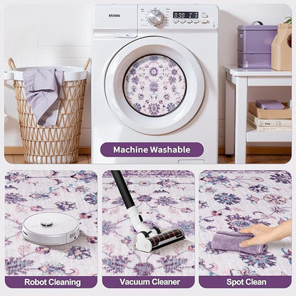 Tangsoo 4x6 Washable Area Rugs Non Slip, Boho Distressed Vintage Purple Floral Throw Rug for Bedroom Nursery, Soft Low Pile Floor Carpet Indoor Mat for Entrance Bedside Kitchen Office Farmhouse