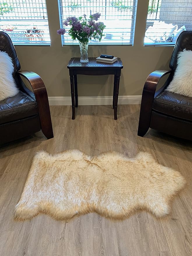 LAMBZY Faux Sheepskin Super Soft Hypoallergenic Silky Shag Rug for Living Room, Kids Room, Sofa (Single and a Half 2'x4'6", White/Brown Tips)