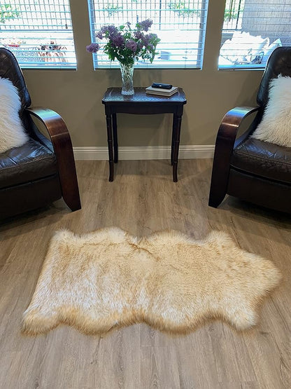 LAMBZY Faux Sheepskin Super Soft Hypoallergenic Silky Shag Rug for Living Room, Kids Room, Sofa (Single and a Half 2'x4'6", White/Brown Tips)