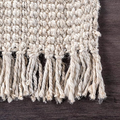 nuLOOM 9x12 Daniela Jute Tassel Hand Woven Area Rug, Off White, Solid Chunky Farmhouse Design, Natural Fiber, For Bedroom, Dining Room, Living Room, Hallway, Office, Entryway