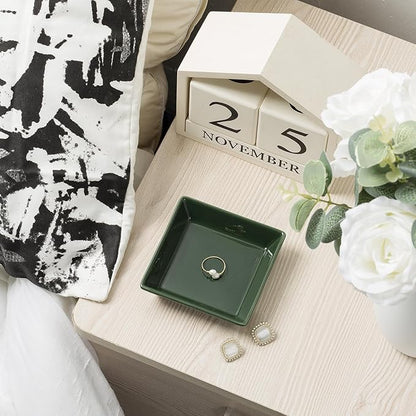 Ceramic Trinket Dish, Ring Tray, Decorative Jewelry Dish for Earrings Necklaces Watch Keys for Women (Dark Green Square)