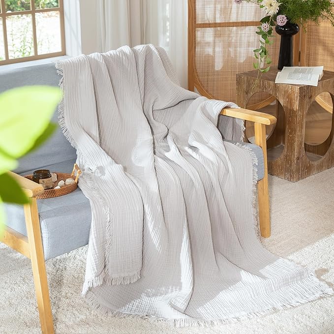 MooMee Muslin Blanket - 100% Cotton 4-Layer Gauze Throw Blanket with All-Around Fringe, Ultra-Soft Breathable Lightweight Cooling Decorative for Bed, Sofa & Couch (Light Grey,Super King 108" x 98")