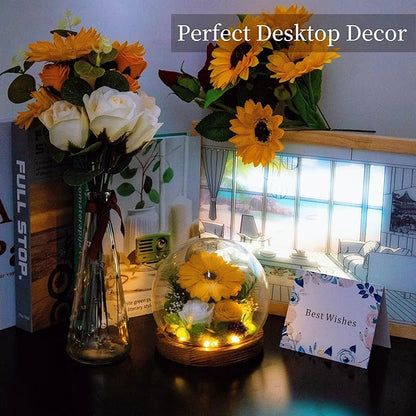 Sunflower Gifts for Women Mom Valentines Day Gifts for Her Preserved Real Flowers in Glass Dome with LED Strip, Forever Flowers Gifts for Wife Girlfriend Mom on Mother Day Birthday Christmas