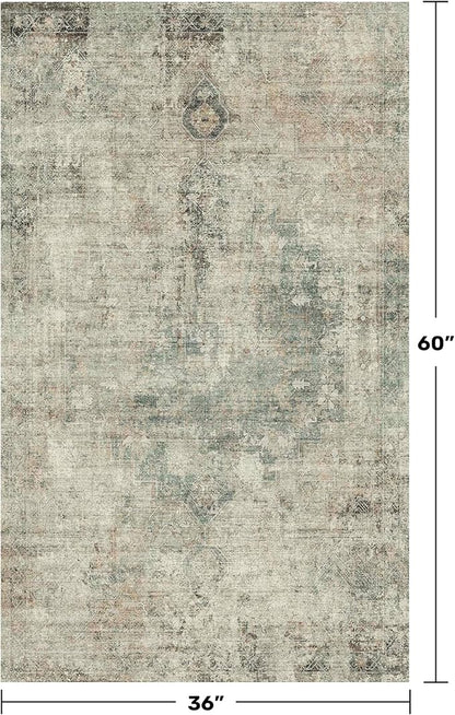 Moss Green Farmhouse 3x5 Large Entryway Rugs Indoor - Non Slip Washable Area Rug for Kitchen, Laundry Room, Low Pile Soft Carpet for Bedroom, Stain Resistant Vintage Indoor Decor