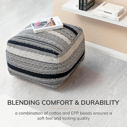 Anji Mountain 100% Handmade & Handcrafted Comfortable Home Décor Pouf Ottoman Footrest for Living Room, Bedroom, Nursery, Kidsroom, Patio Furniture - (22" x 22" x 16"- Black,Ivory)