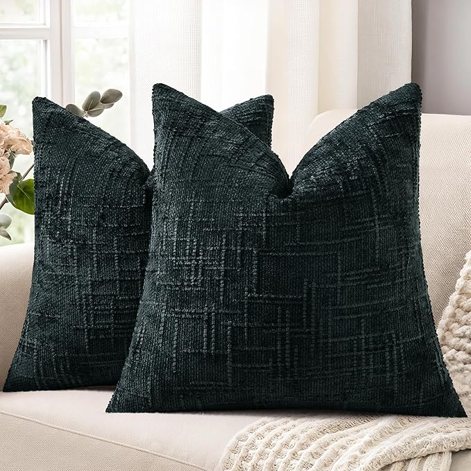 decorUhome Spring Black Chenille Euro Sham Throw Pillow Covers 24x24 Set of 2 Textured Slubby Couch Pillow Covers Farmhouse Accent Modern Neutral Decorative Pillow Cases for Bed Sofa Living Room