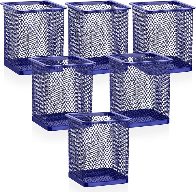 Segarty Pen Cup Holder, 6 Pack Square Dark Blue Pen Holder for Desk, Cute Metal Mesh Pencil Cups Container Marker Organizer Set for Office Supply, School Classroom, Home Desktop, Makeup Brush Storage
