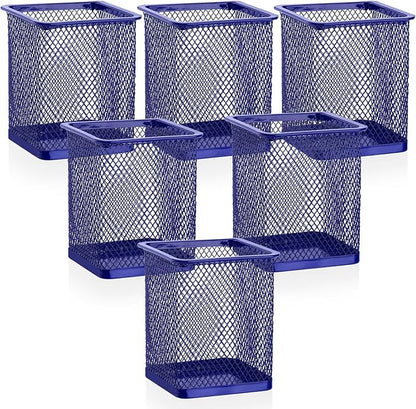 Segarty Pen Cup Holder, 6 Pack Square Dark Blue Pen Holder for Desk, Cute Metal Mesh Pencil Cups Container Marker Organizer Set for Office Supply, School Classroom, Home Desktop, Makeup Brush Storage