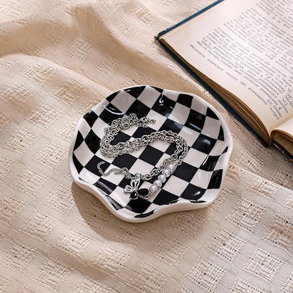Koythin Ceramic Jewelry Tray, Checkered Pattern Aesthetic Decorative Trinket Dish for Rings, Earrings Necklaces Bracelet Watch Holder, Small Key Bowl, Birthday Mother's Day for Women (Black)