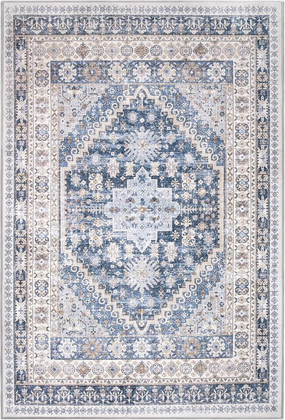 zesthome 4x6 Rug - Stain Resistant Washable Rug, Anti Slip Backing Rugs for Living Room, Foldable Vintage Small Area Rugs (Blue/Beige,4'x6')