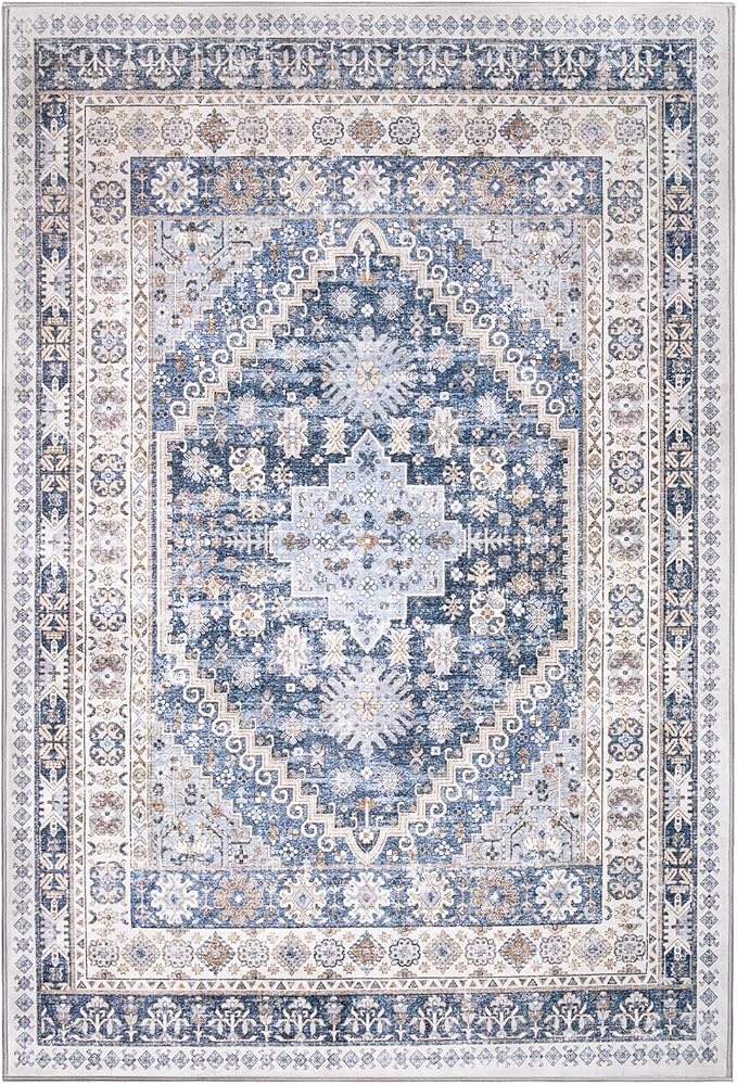 zesthome 5x7 Area Rugs - Ultra-Thin Washble Rug, Stain Resistant Anti Slip Backing Rugs for Living Room,Bedroom, Vintage Home Decor Area Rug (Blue/Beige,5'x7')