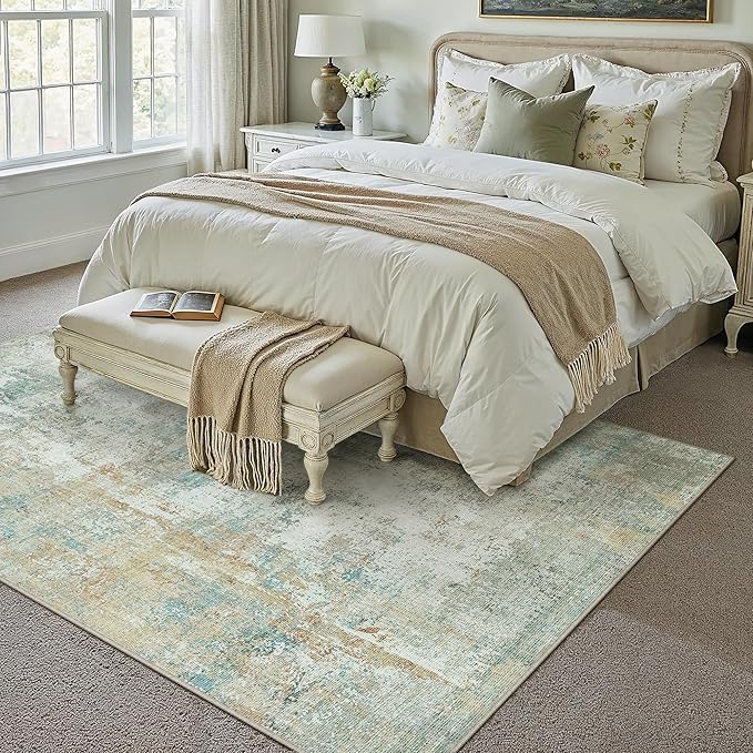 10x14 Area Rug Teal Beige Abstract Living Room Bedroom Washable Carpet Neutral Modern Non-Slip Soft Low Pile Lightweight Vacuumable Large Throw Rug for Dining Room