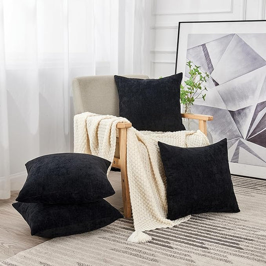 GAWAMAY Decorative Square Throw Pillow Covers 18"x18" Inch Set of 4, Super Soft Chenille Pillows Farmhouse Fall Pillowcase for Living Room Bedroom Sofa Couch Cushion Cover Black 45x45cm (No Insert)