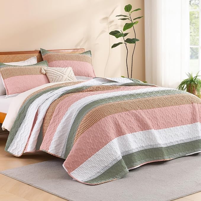 Litanika California King Quilt Set Pink, Green and White, Orange Stripe Patchwork Summer Bedspread Coverlet, Soft Lightweight Microfiber Quilt Bedding Set for All Season(1 Quilt, 2 Pillowcases)