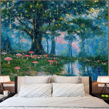 Haibimen Monet Nature Forest Tapestry Wall Hanging Green Tree Mushroom Landscape Tapestries for Bedroom Watercolor Aesthetic Wallpaper Decor for Living Room (forest-1, 60''×44'')