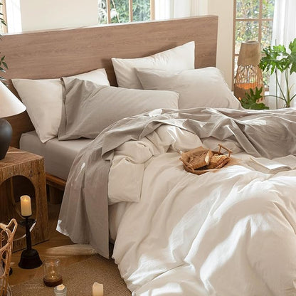 MooMee Bedding Sheet Set 100% Washed Cotton Linen Like Textured Breathable Durable Soft Comfy (Heathered Tannish Linen Grey, Full)