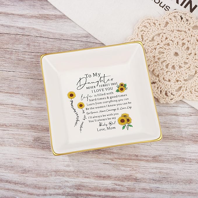 JoycuFF Daughter Birthday Gifts from Mom You are My Sunshine Christmas Mothers Day Gifts for Daughter Ceramic Ring Dish Jewelry for Her