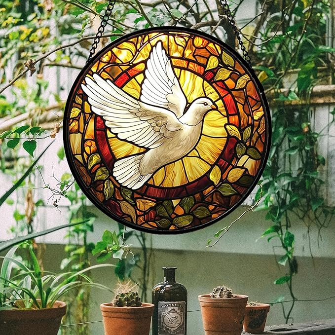DASTOLL Stained Glass Window Hanging, Flying White Dove Sun Catchers Diamond Glass Panel Hangings Cute Birds Suncatcher Decor for Birthday for Women, Men, Wife, Aunt, and Mom 14.9 in