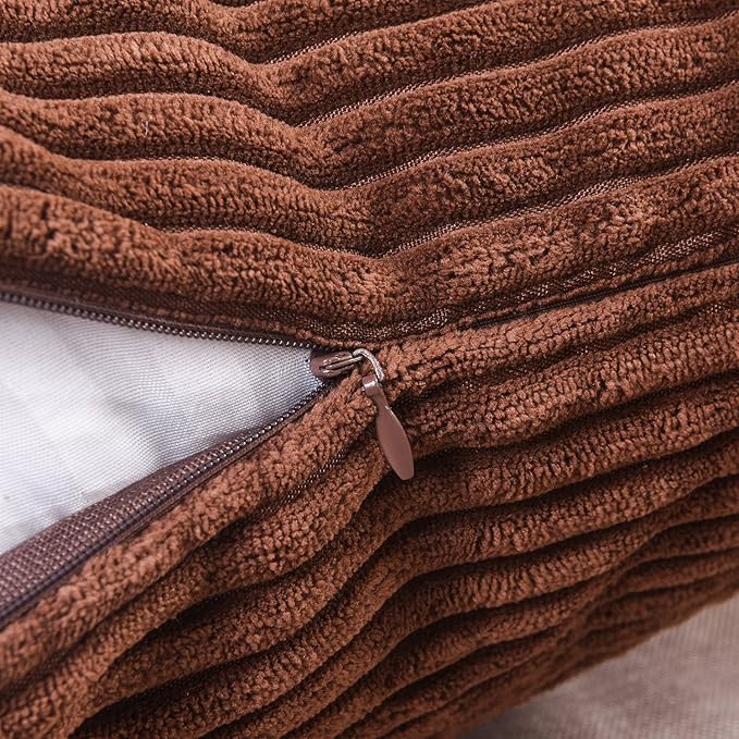Home Brilliant Throw Pillow Covers 18x18 Set of 2 Solid Plush Corduroy Striped Square Cushion Covers Bed Decor, 18x18 inch, Brown