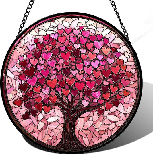 DASTOLL Stained Glass Window Hanging, Pink Love Tree of Life Sun Catchers Colorful Glass Panel Suncatcher Decor for Birthday for Women, Men, Wife, Lovers, and Mom 14.9x14.9 in