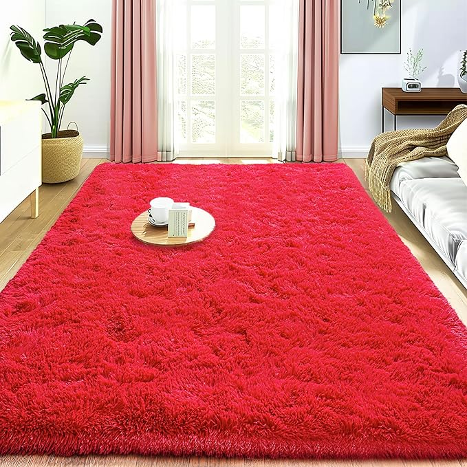 Ultra Fluffy Area Rugs for Living Room Bedroom, 6x9 Fuzzy Large Living Room Rugs, Thick Shag Rug for Dorm, Soft Non Slip Kids Girls Boys Rug for Home Decor Aesthetic, Red
