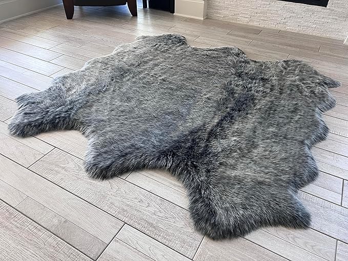 Free Shape Luxury Soft Fluffy Shag Area Rug Sexto 6 Pelts 6'x6',180x180 cm - Vegan Fur Ultra Soft Indoor Carpet Nursery Rugs for Bedroom Home Decor, Black with White Tips