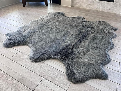 Free Shape Luxury Soft Fluffy Shag Area Rug Sexto 6 Pelts 6'x6',180x180 cm - Vegan Fur Ultra Soft Indoor Carpet Nursery Rugs for Bedroom Home Decor, Black with White Tips