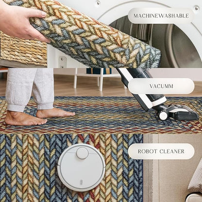 Maples Rugs Marion Bohemian Braided Design Print Area Rug – Made in USA – Washable, Non Slip Indoor Carpet for Entryway, Foyer, Kitchen, and Bathroom, 46" x 30", Multi-Color