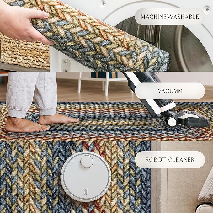 Maples Rugs Marion Bohemian Braided Design Print Area Rug – Made in USA – Washable, Non Slip Indoor Carpet for Entryway, Foyer, Kitchen, and Bathroom, 34" x 20", Multi-Color