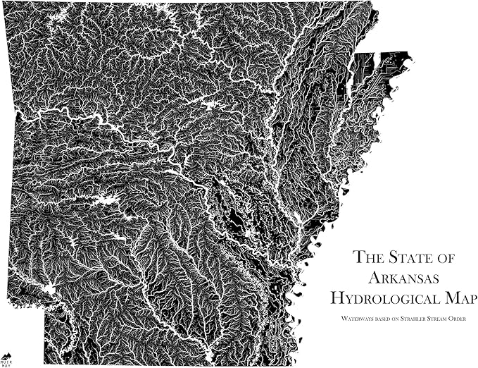 Muir Way Hydrological River Map of Arkansas - Watershed Topographic Wall Art for Home, Office, or Travel Decor - Unframed Flat Paper Print, 24x30