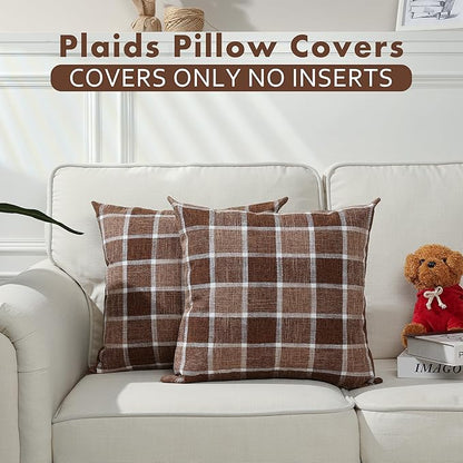 Stellhome Pack of 2 Linen Buffalo Check Throw Pillow Covers, Farmhouse Plaid Decorative Cushion Covers for Couch Sofa Living Room, 16x16 Inch, Check-Chocolate
