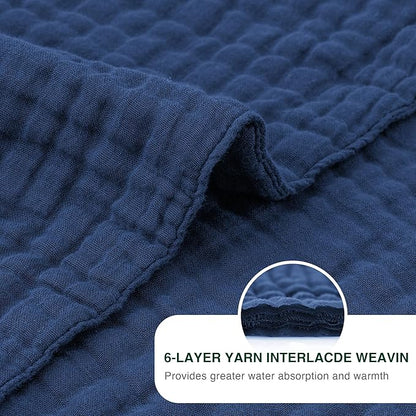 Love's cabin 6 Layer 100% Cotton Muslin Blanket, 50"x60" Throw Muslin Blanket for Couch Bed, Lightweight and Breathable Cotton Gauze for Adult, Dark Blue