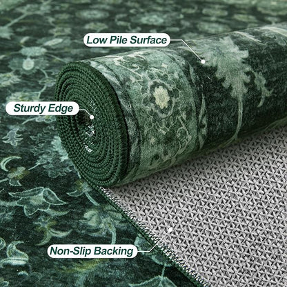 Tangsoo 6x9 Green Large Area Rug for Living Room, Non Slip Machine Washable Rug for Bedroom, Boho Distressed Vintage Floral Rugs, Soft Low Pile Floor Carpet for Dining Room Office Kitchen Farmhouse