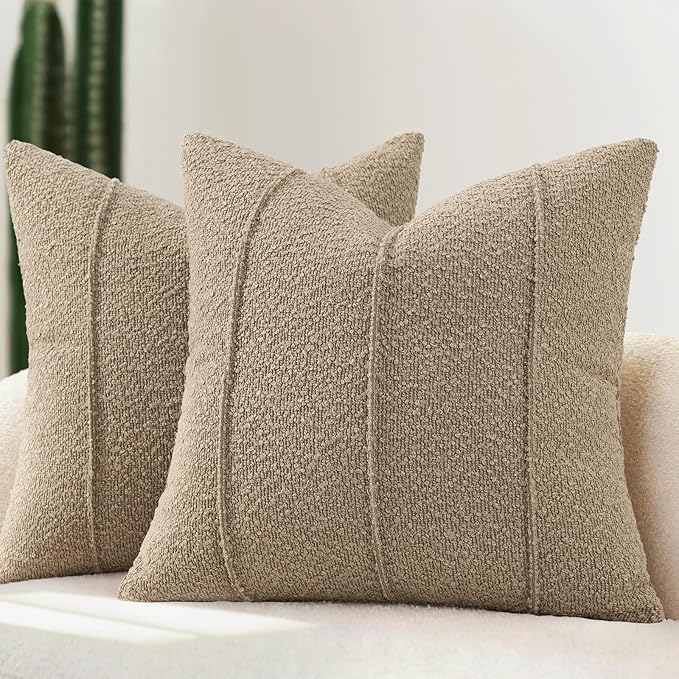 YCOLL Textured Boucle Throw Pillow Covers 24x24 Pack of 2 - Soft Neutral Striped Cushion Covers, Cozy Accent Decorative Pillow Covers for Couch, Sofa, Bed, Living Room (Taupe)