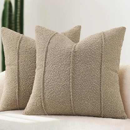 YCOLL Textured Boucle Throw Pillow Covers 22x22 Pack of 2 - Soft Neutral Striped Cushion Covers, Cozy Accent Decorative Pillow Covers for Couch, Sofa, Bed, Living Room (Taupe)