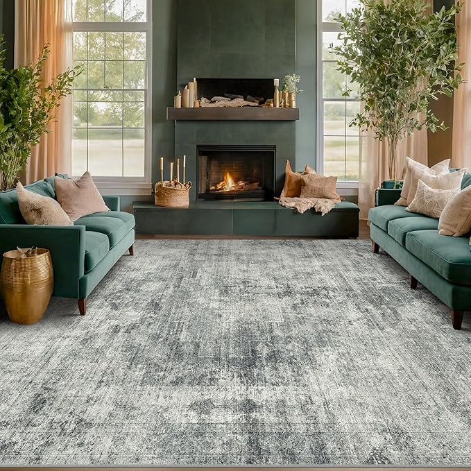Vintage Dark Blue Rugs for Bedroom - 6x9 Distressed Print Pattern Large Area Rug for Living Room, Dining Room Under Table, Thin & Soft Washable Slate and Gray Décor