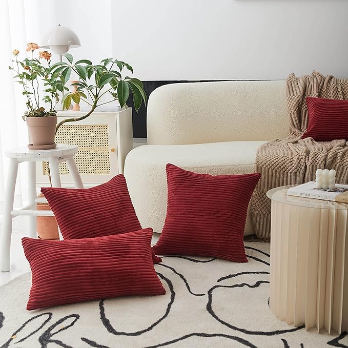 Home Brilliant Lumbar Throw Pillow Covers 12x20 inch 2 Pack Solid Striped Corduroy Dark Red Rectangle Pillow Cover for Sofa Couch Wedding Valentines Decorations, 12 x 20 inch, Burgundy